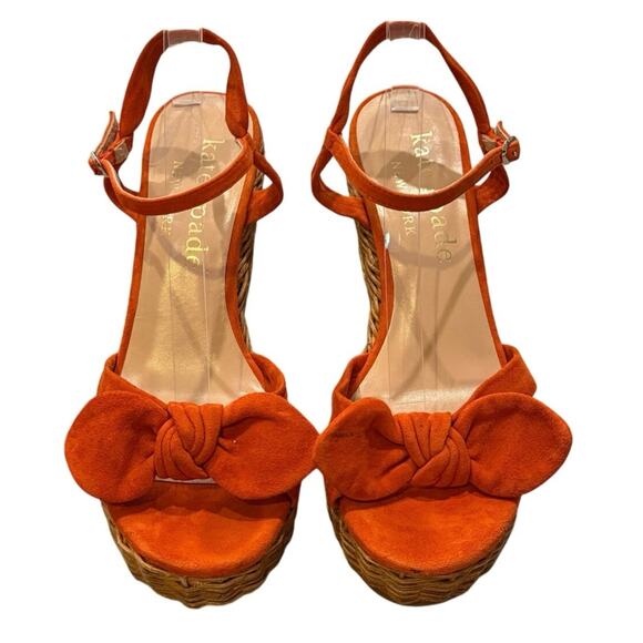 Kate Spade Orange Suede Bow Raffia Wedge Sandals | Size 11 - Picture 1 of 3